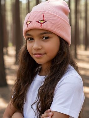 Kids Pink Knit Stephen King Pennywise Beanie Hat with Embroidered Accent